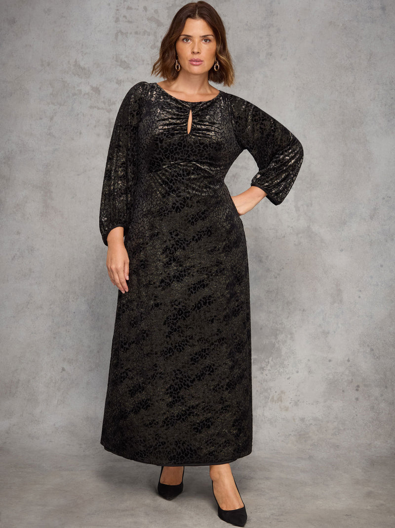 Gold Animal Velvet Burnout Jersey Maxi Dress