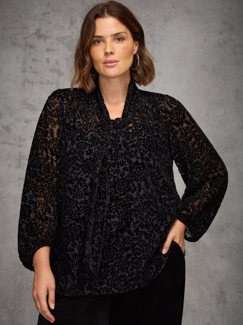 Black Burnout Velvet Tie Neck Blouse