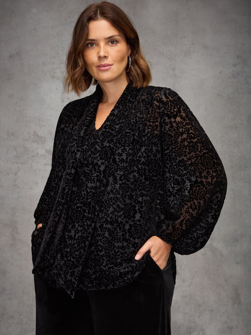 Black Burnout Velvet Tie Neck Blouse