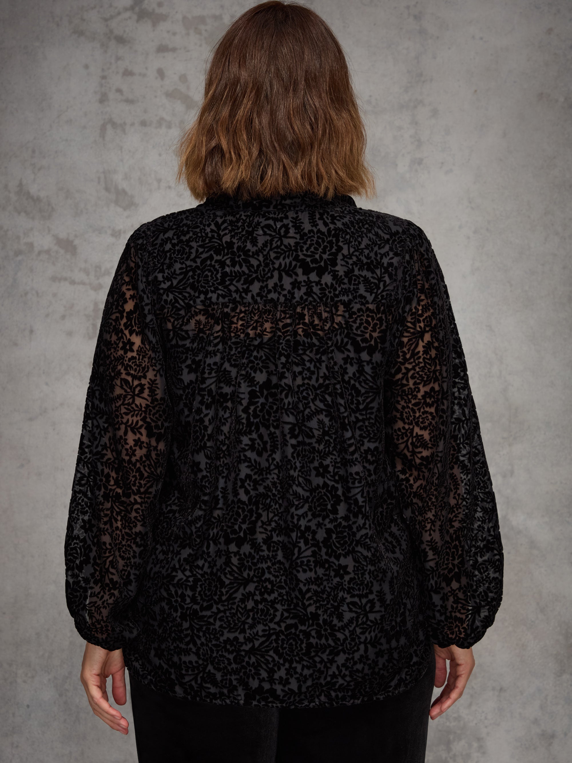 Black Burnout Velvet Tie Neck Blouse