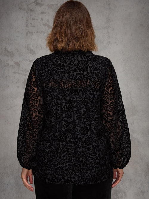 Black Burnout Velvet Tie Neck Blouse