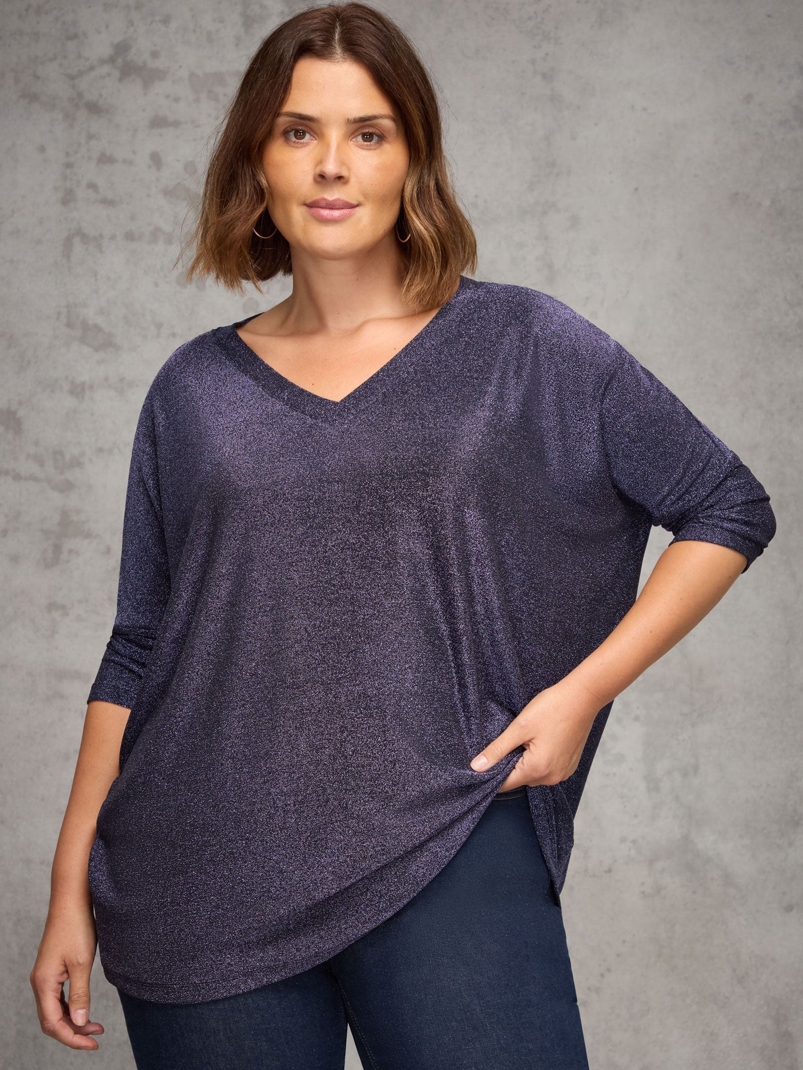 Purple Sparkle Jersey  V Neck Top