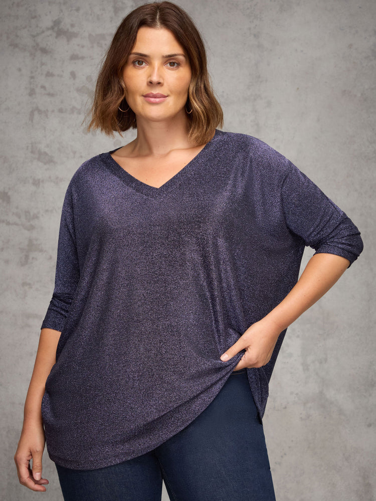 Purple Sparkle Jersey  V Neck Top