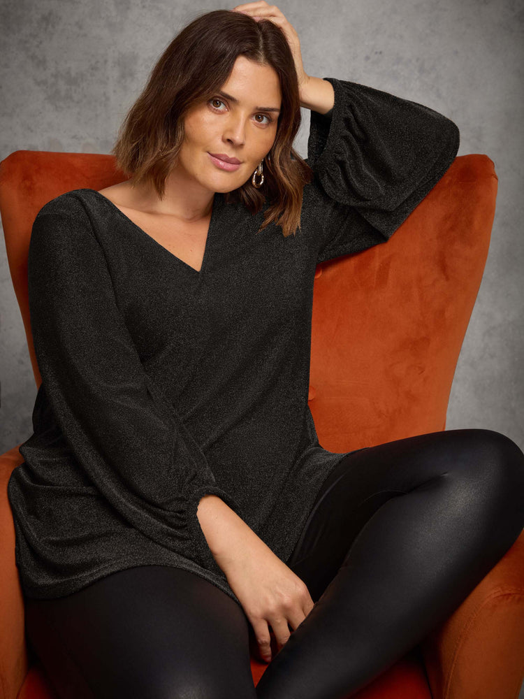 Petite Black Blouson Sleeve Sparkle Jersey Tunic