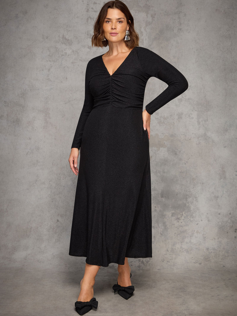 Petite Black Sparkle Ruched Jersey Maxi Dress