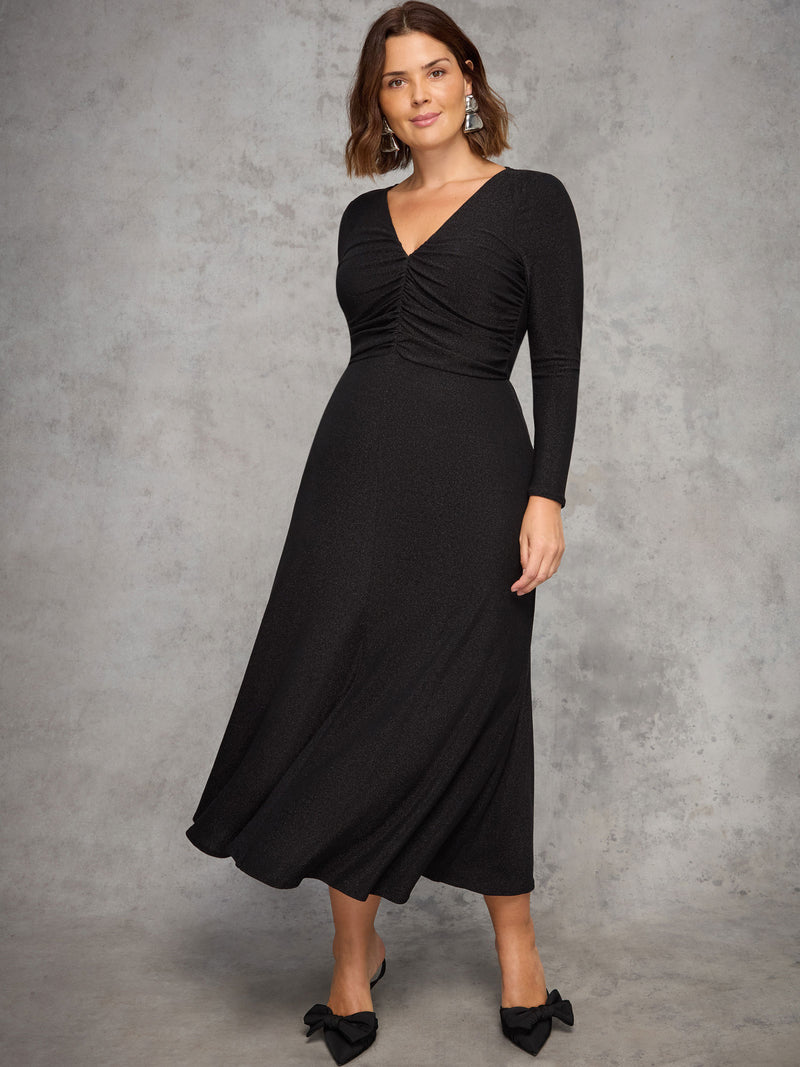 Petite Black Sparkle Ruched Jersey Maxi Dress