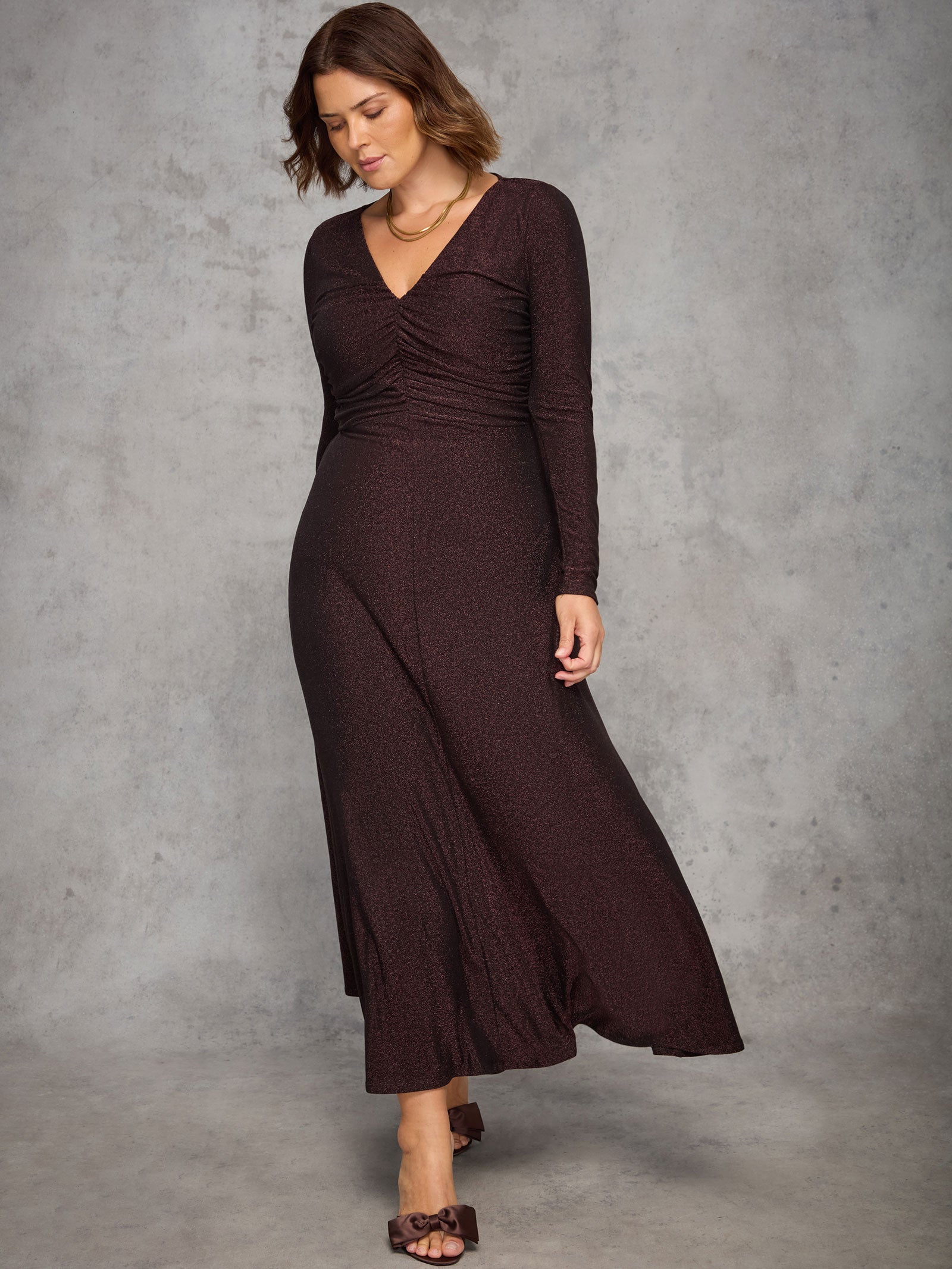 Bronze Sparkle Ruched Jersey Maxi Dress