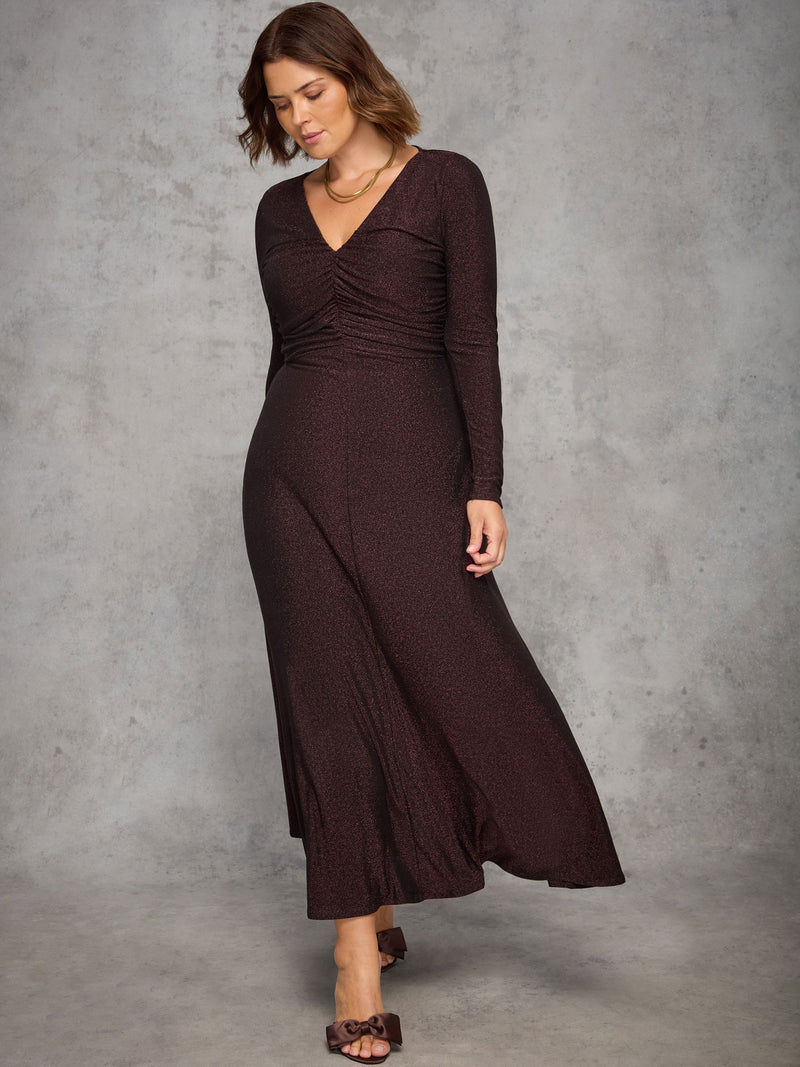 Bronze Sparkle Ruched Jersey Maxi Dress