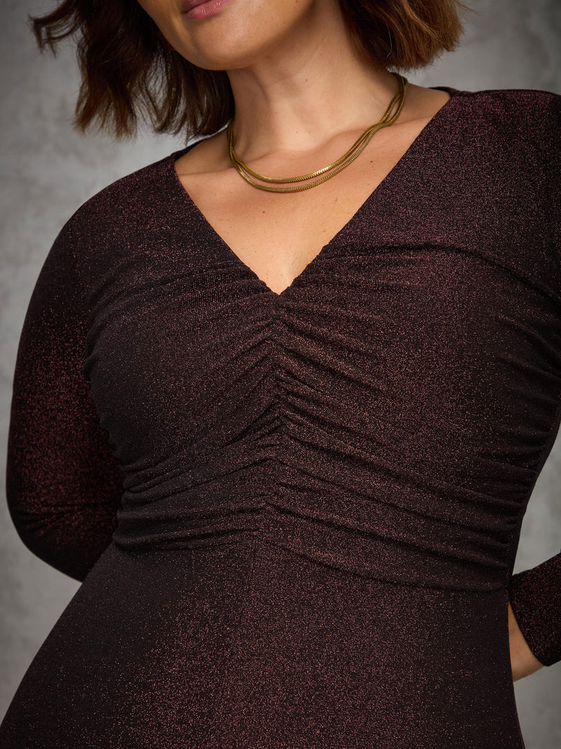 Bronze Sparkle Ruched Jersey Maxi Dress