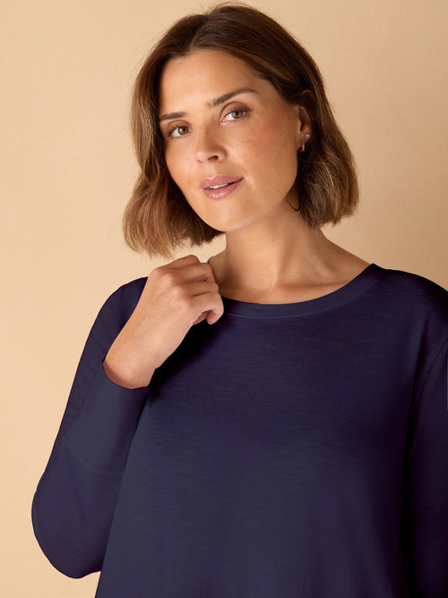 Navy Cotton Slub Crew Neck Long Sleeve T-Shirt