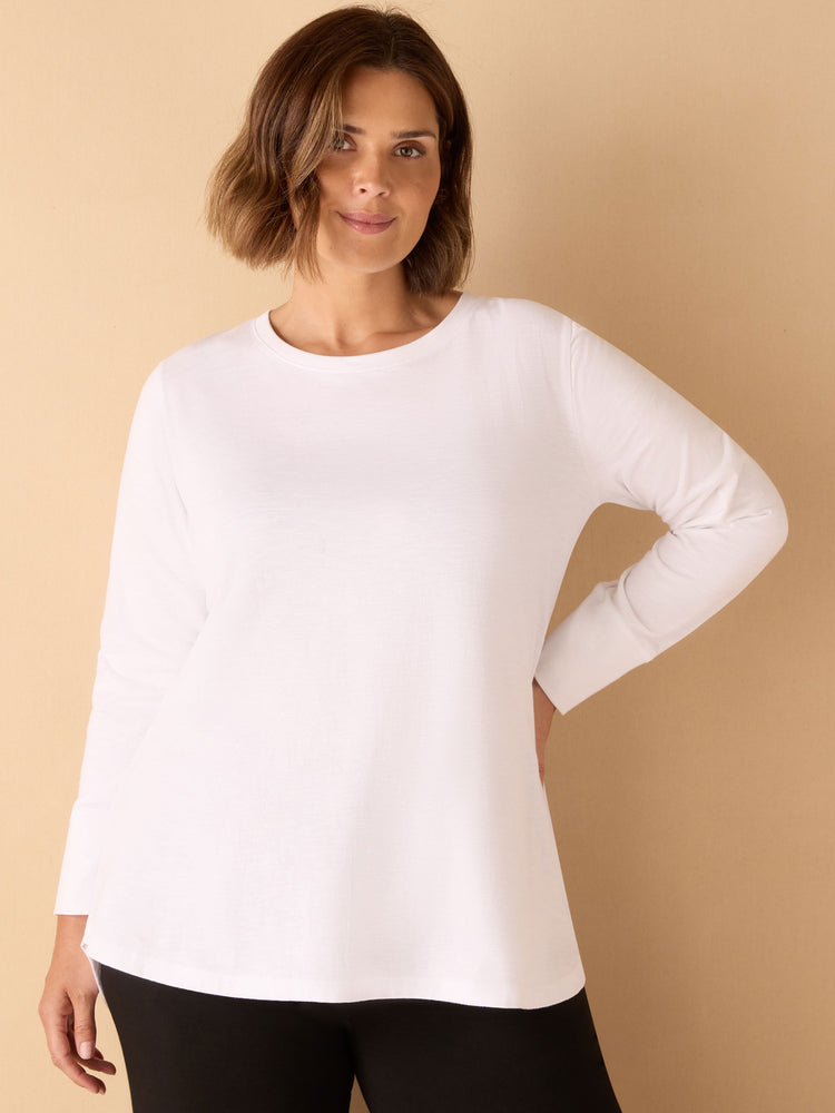 White Cotton Slub Crew Neck Long Sleeve T-Shirt