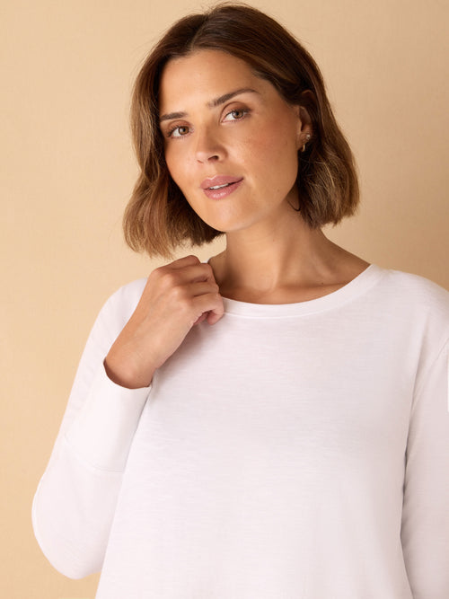 White Cotton Slub Crew Neck Long Sleeve T-Shirt