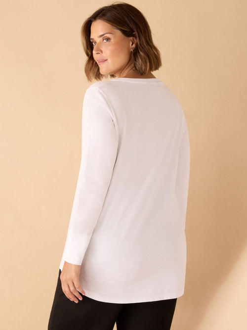 White Cotton Slub Crew Neck Long Sleeve T-Shirt