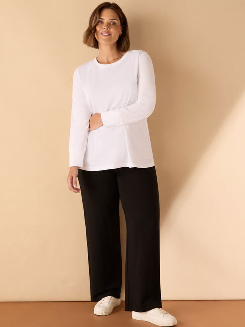 White Cotton Slub Crew Neck Long Sleeve T-Shirt