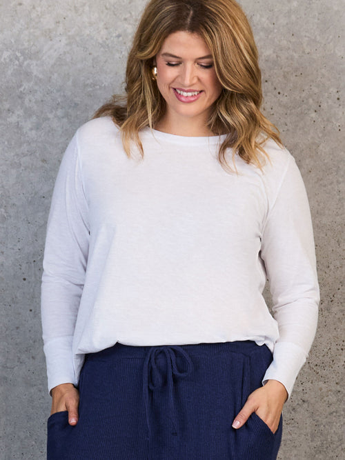 White Cotton Slub Crew Neck Long Sleeve T-Shirt