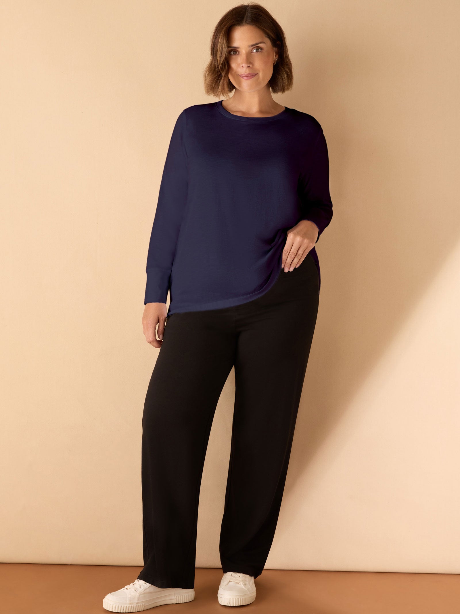 Navy Cotton Slub Crew Neck Long Sleeve T-Shirt