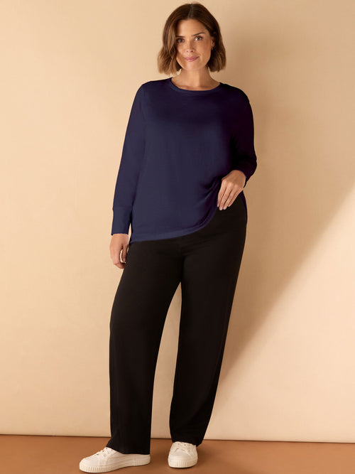 Navy Cotton Slub Crew Neck Long Sleeve T-Shirt