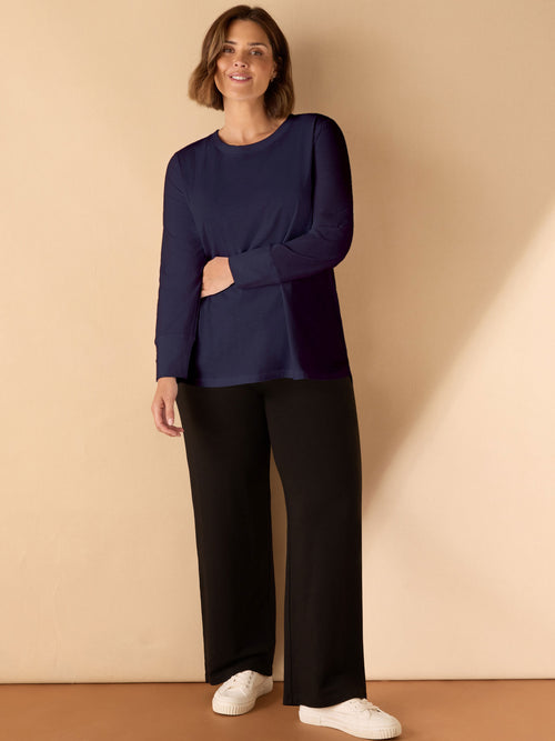 Navy Cotton Slub Crew Neck Long Sleeve T-Shirt