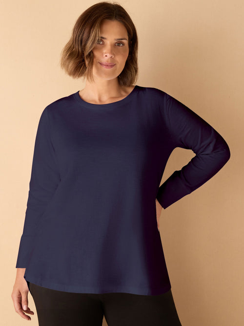 Navy Cotton Slub Crew Neck Long Sleeve T-Shirt