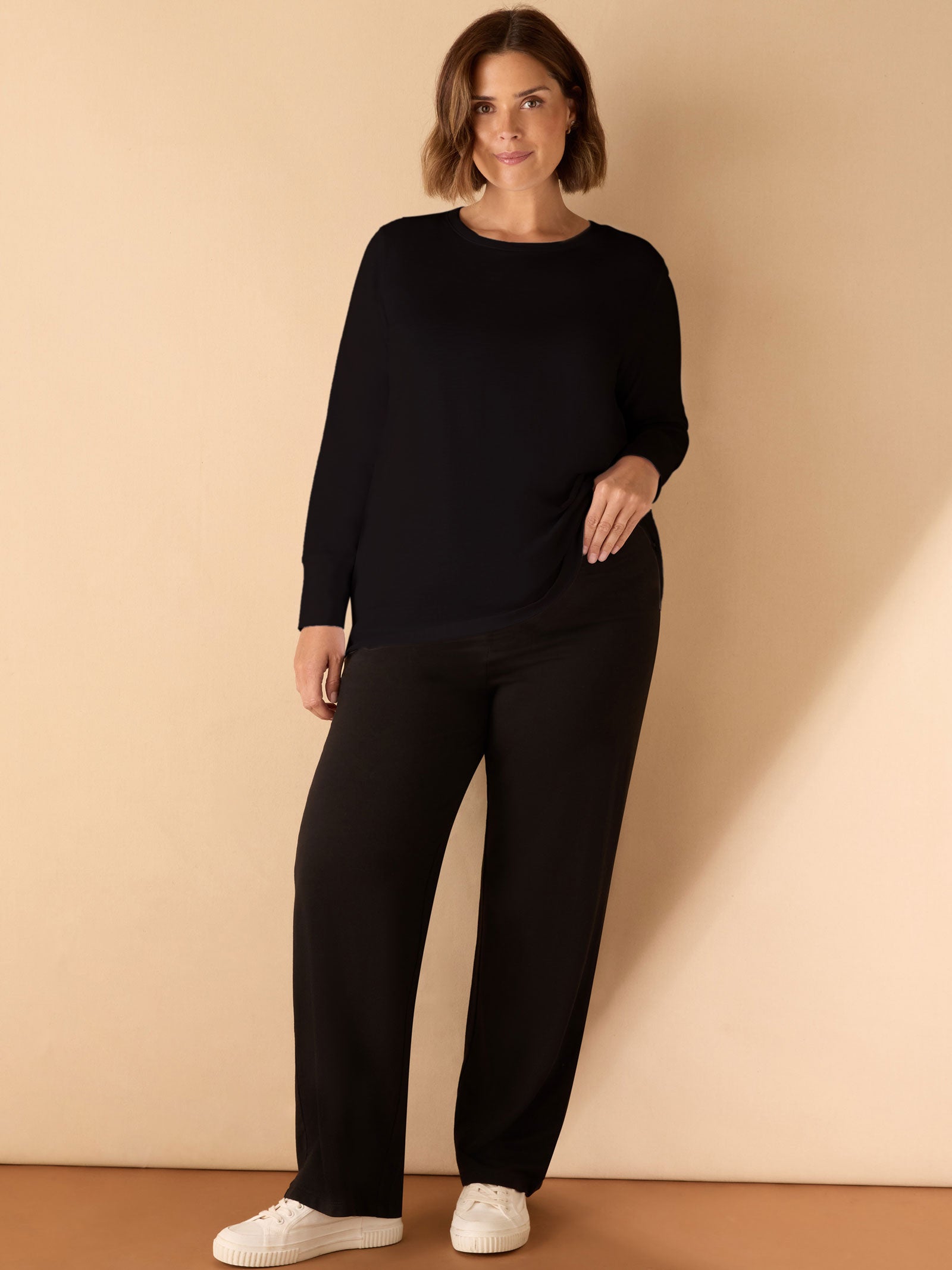 Black Cotton Slub Crew Neck Long Sleeve T-Shirt