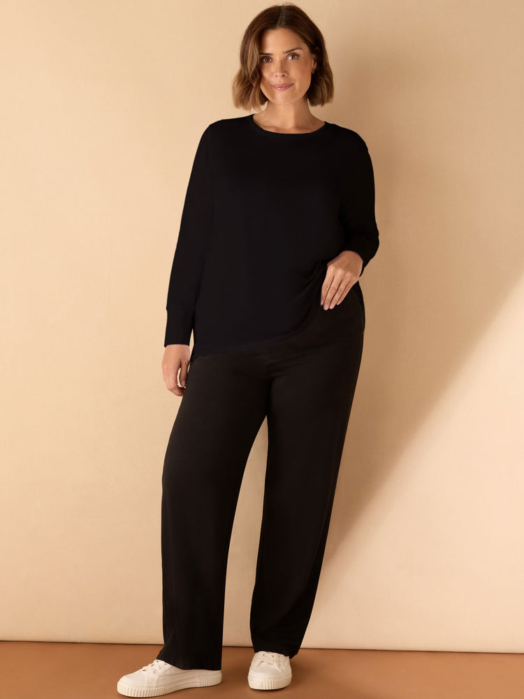 Black Cotton Slub Crew Neck Long Sleeve T-Shirt