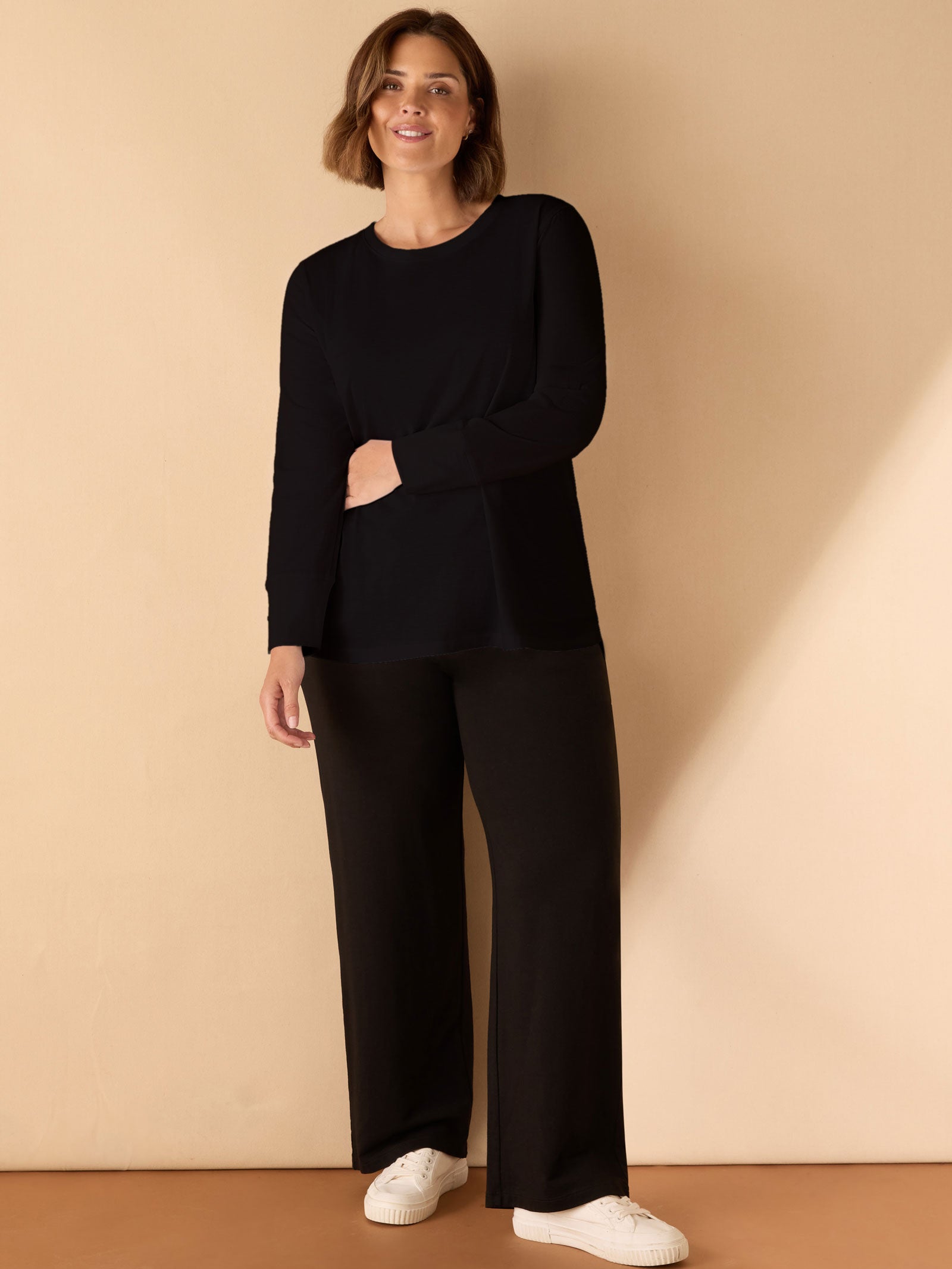 Black Cotton Slub Crew Neck Long Sleeve T-Shirt