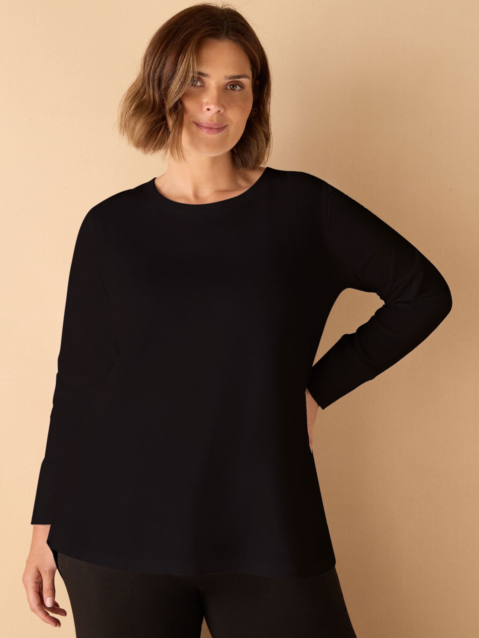 Black Cotton Slub Crew Neck Long Sleeve T-Shirt
