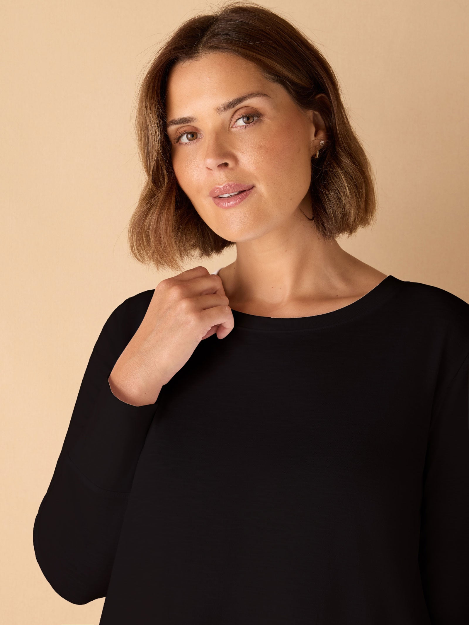 Black Cotton Slub Crew Neck Long Sleeve T-Shirt