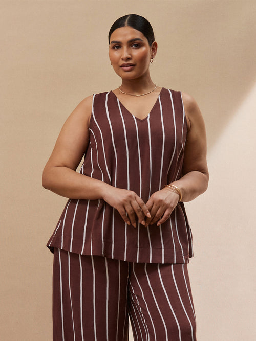 Brown Stripe V Neck Top