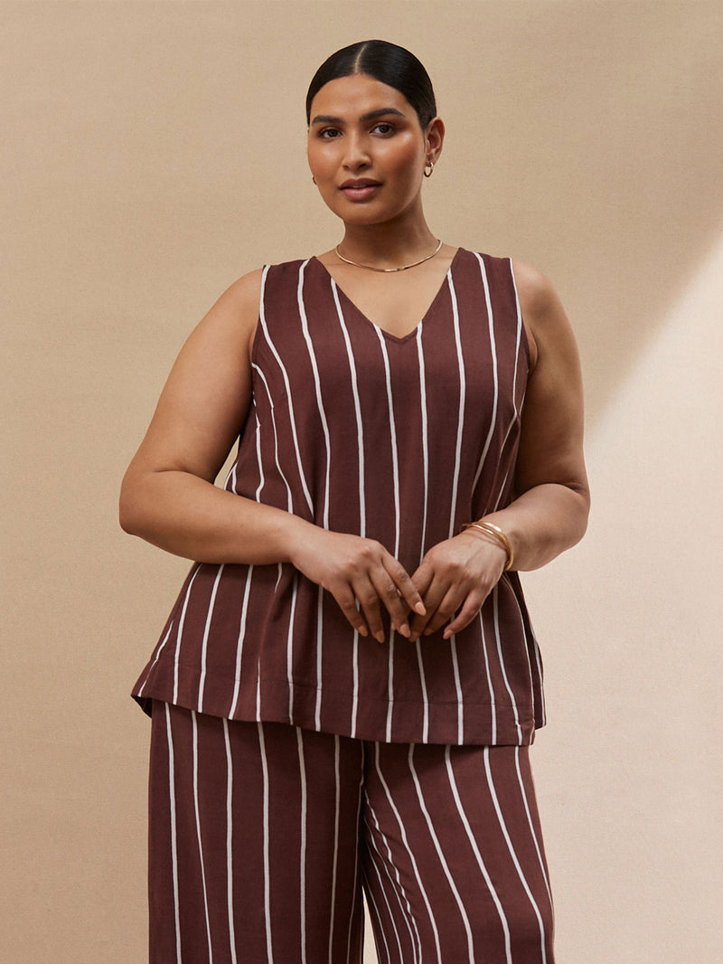 Chocolate Brown Stripe V Neck Top