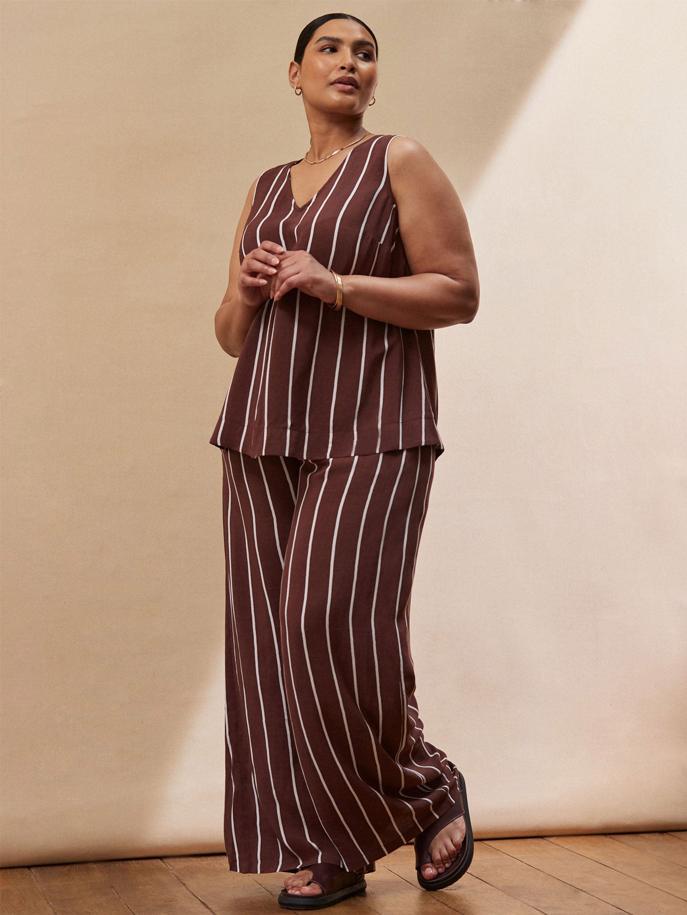 Brown Stripe Wide Leg Trouser