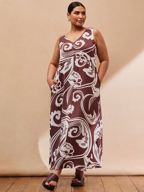 Brown Paisley V Neck Maxi Swing Dress