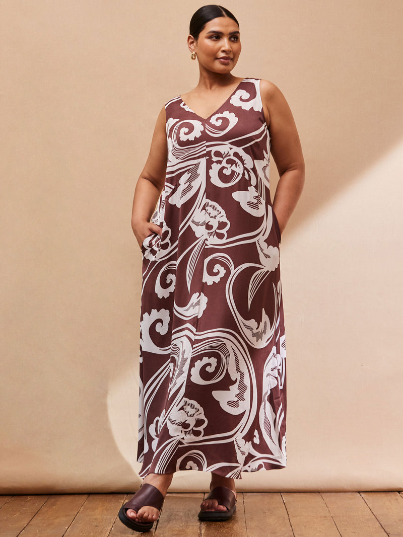 Chocolate Brown Paisley V Neck Maxi Swing Dress