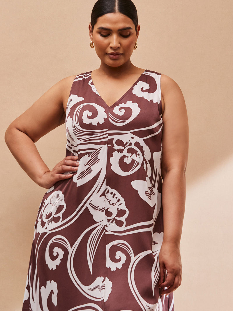 Chocolate Brown Paisley V Neck Maxi Swing Dress