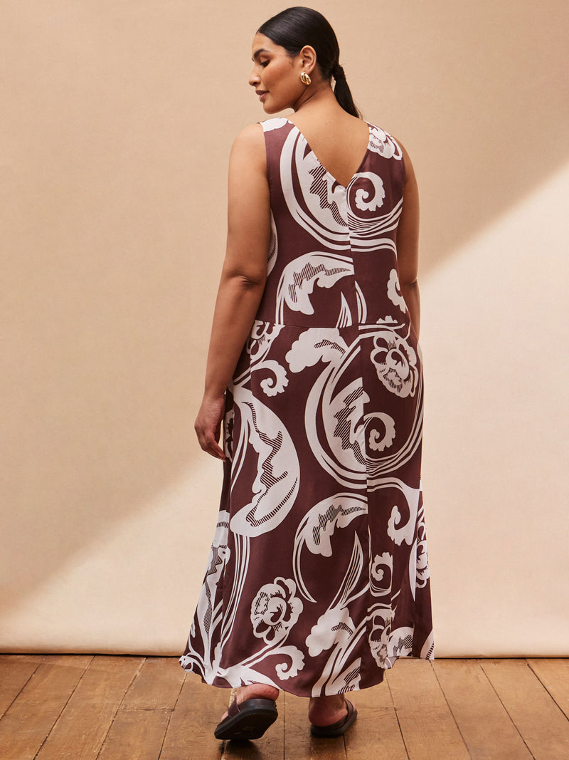 Chocolate Brown Paisley V Neck Maxi Swing Dress