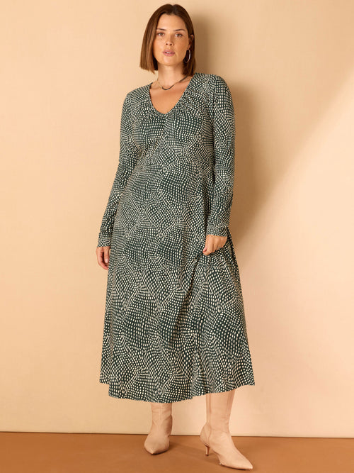Green Spot Print Gathered V Neck Jersey Dress