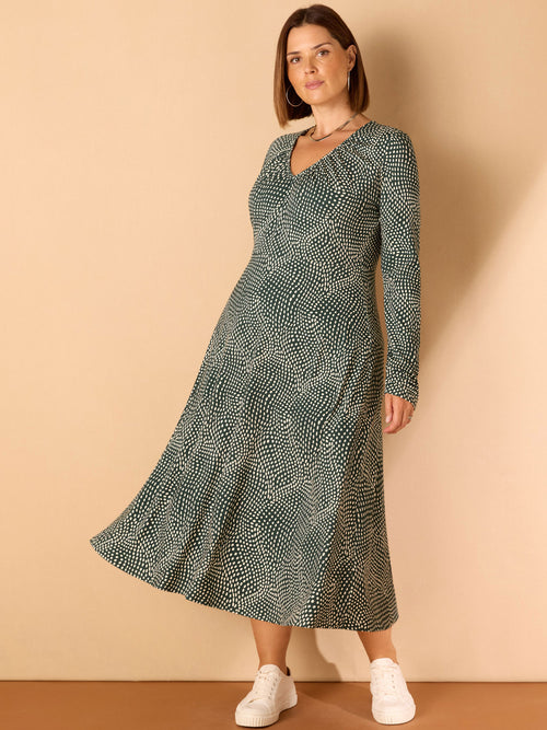 Green Spot Print Gathered V Neck Jersey Dress