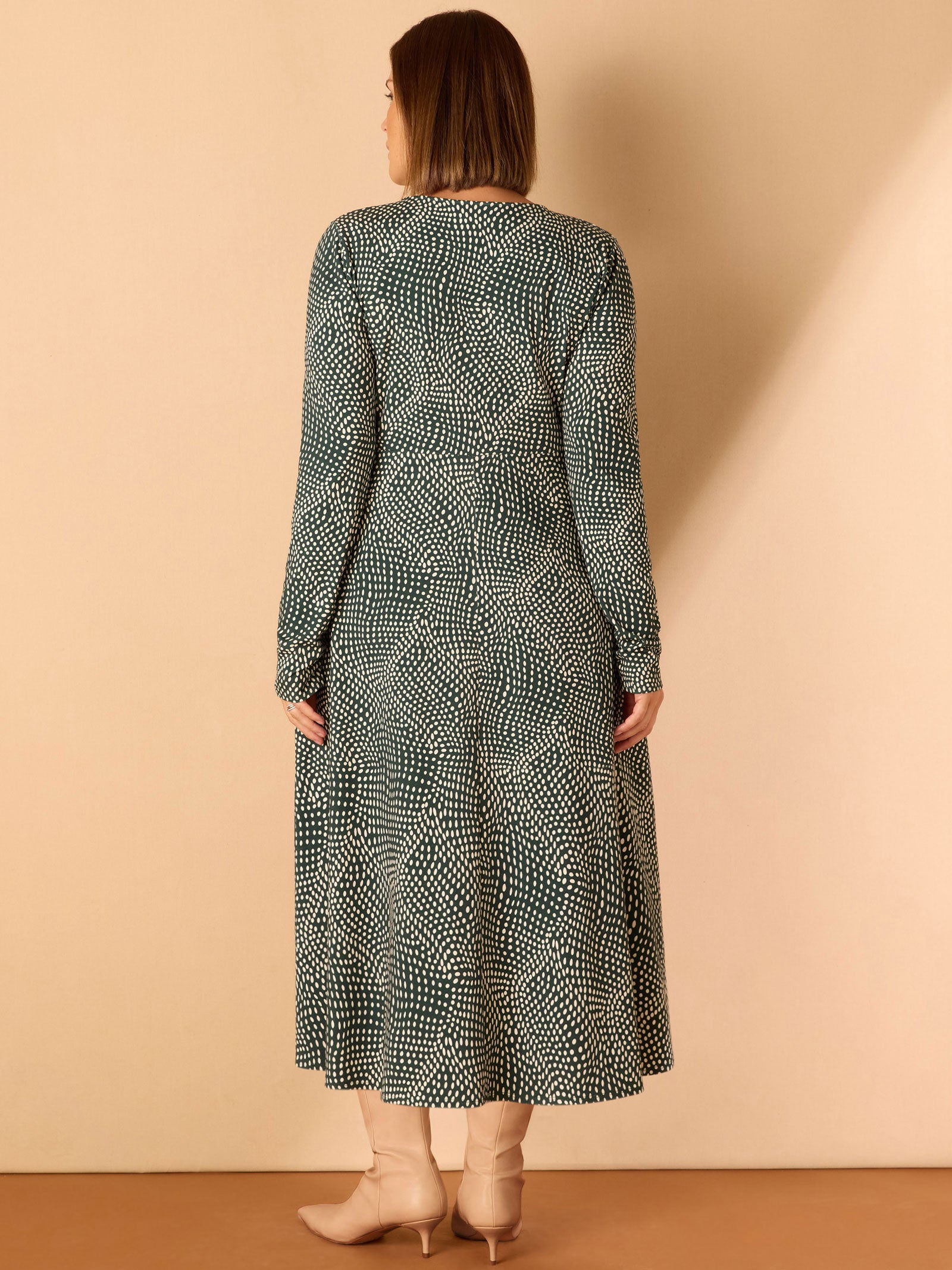 Green Spot Print Gathered V Neck Jersey Dress