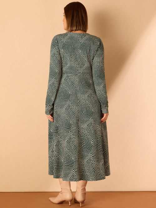 Green Spot Print Gathered V Neck Jersey Dress