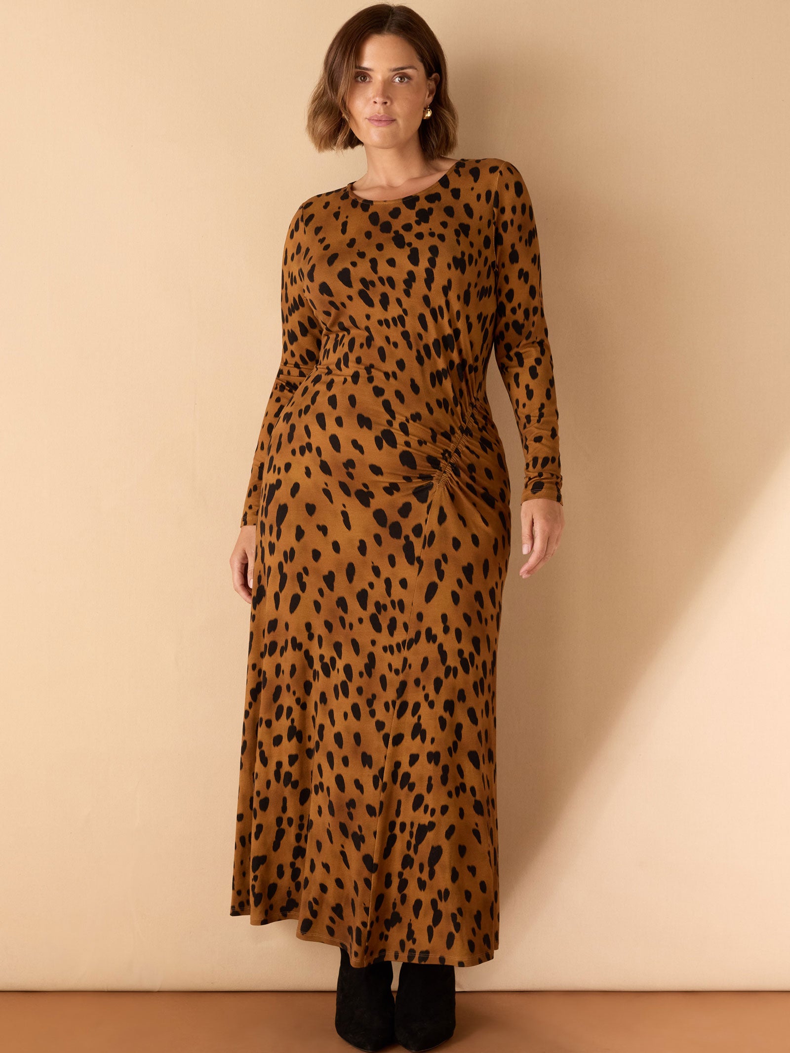Brown Animal Print Ruched Jersey Dress