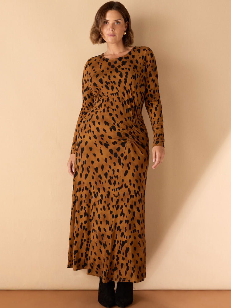 Brown Animal Print Ruched Jersey Dress