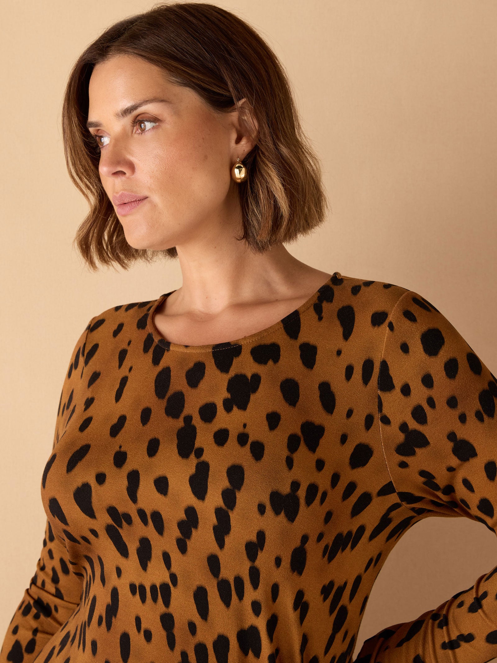 Brown Animal Print Ruched Jersey Dress