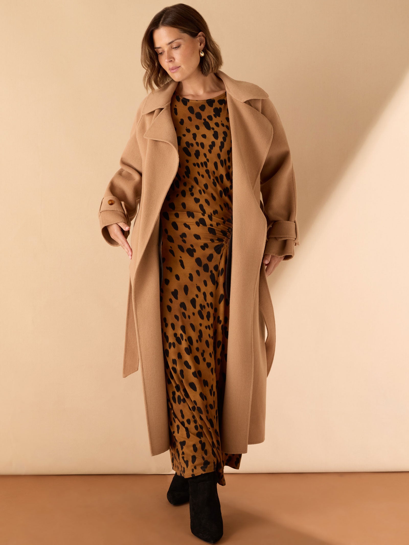 Brown Animal Print Ruched Jersey Dress