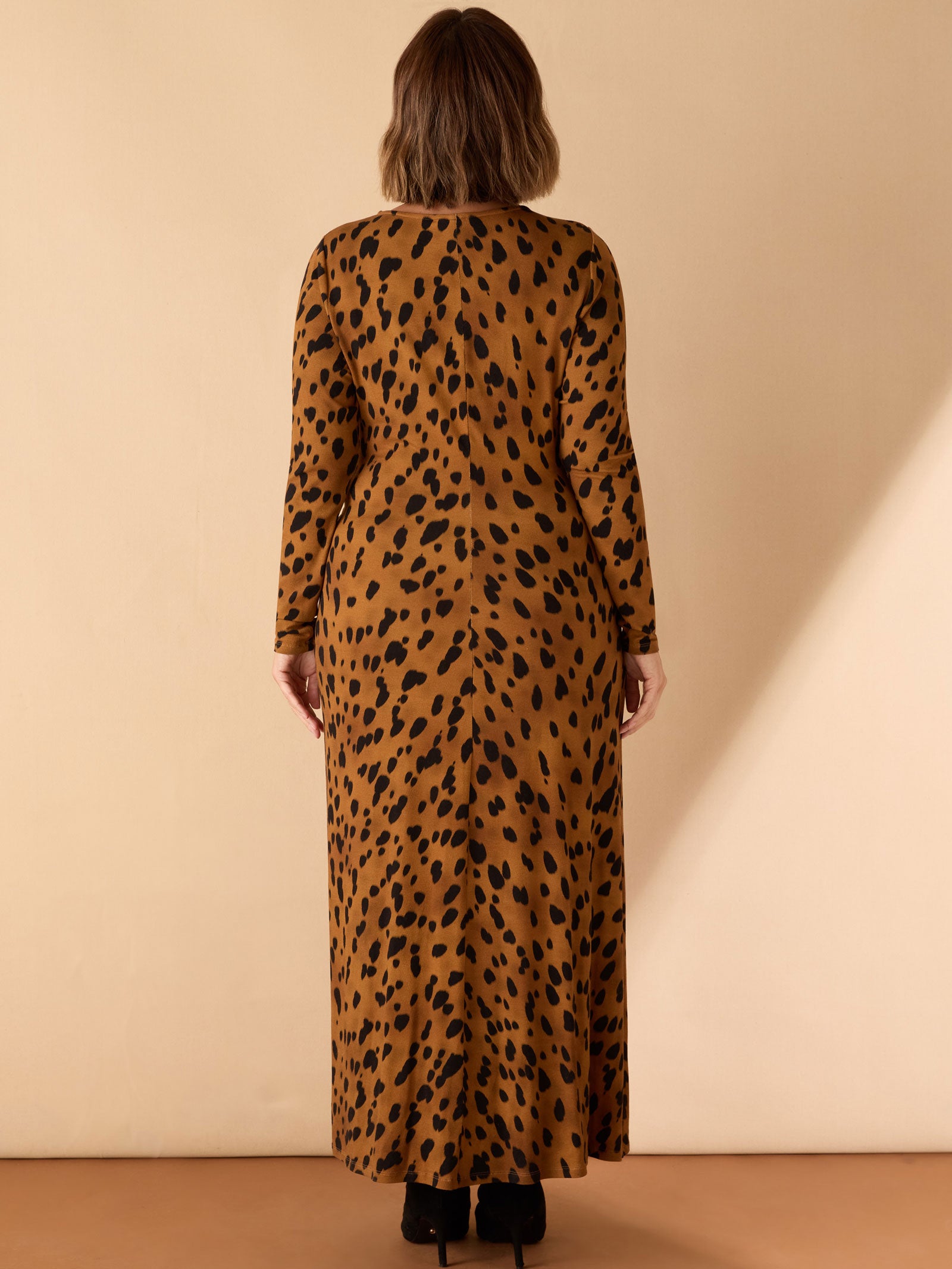 Brown Animal Print Ruched Jersey Dress