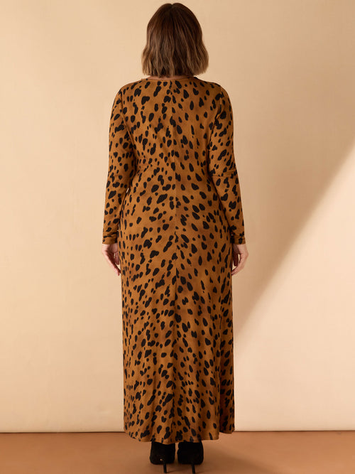 Brown Animal Print Ruched Jersey Dress