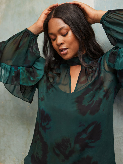 Green Abstract Print High Neck Ruffle Blouse