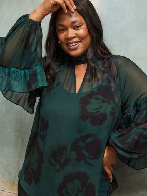 Green Abstract Print High Neck Ruffle Blouse