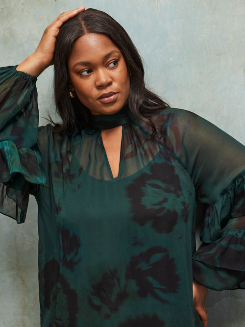Green Abstract Print High Neck Ruffle Blouse