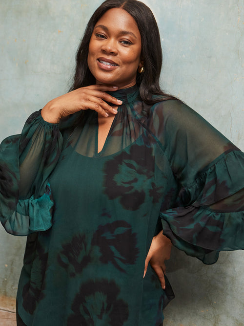 Green Abstract Print High Neck Ruffle Blouse