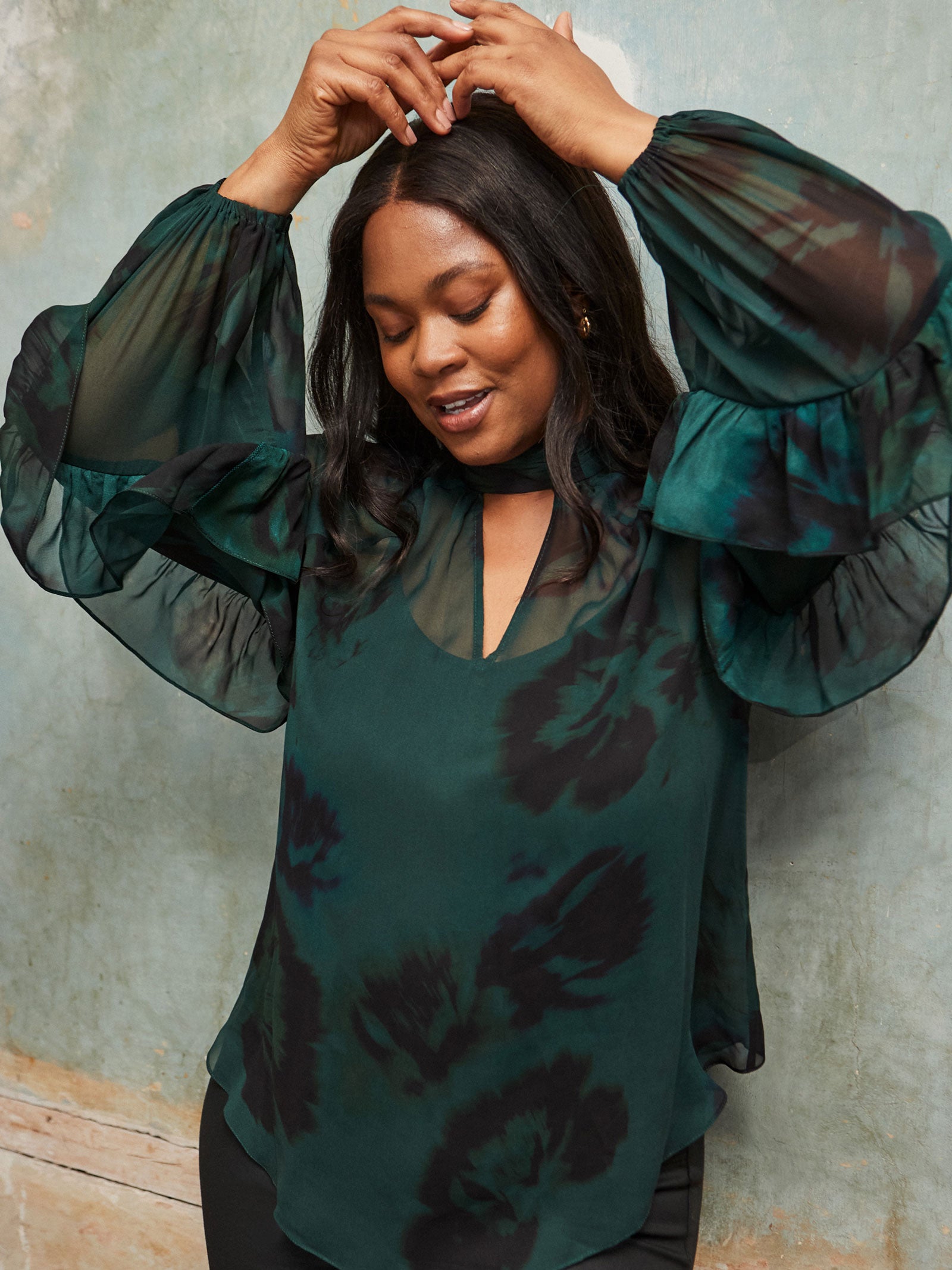 Green Abstract Print High Neck Ruffle Blouse